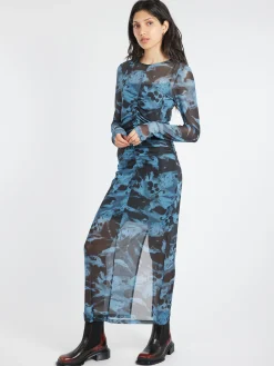 New - Printed Mesh Dress in Blue Shadow Women Dresses