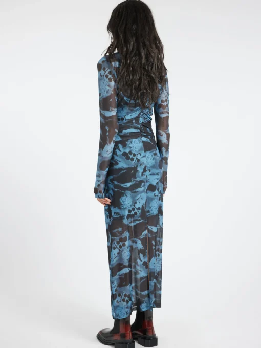 New - Printed Mesh Dress in Blue Shadow Women Dresses