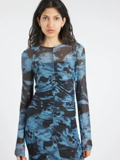 New - Printed Mesh Dress in Blue Shadow Women Dresses