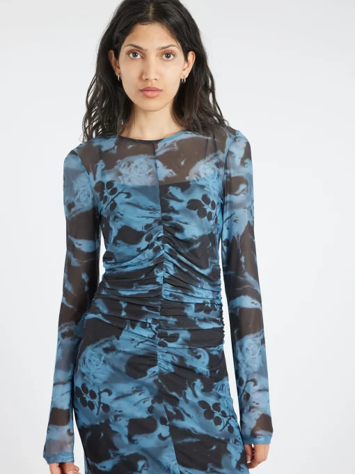New - Printed Mesh Dress in Blue Shadow Women Dresses