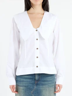 Sale - V-Neck Frill Collar Shirt in Bright White Women Tops & Blouses | Button-Ups