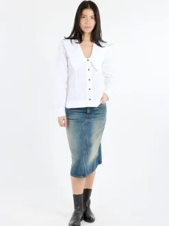 Sale - V-Neck Frill Collar Shirt in Bright White Women Tops & Blouses | Button-Ups