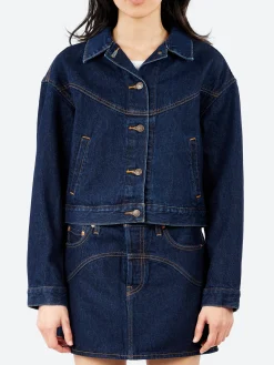 Clearance - Shrunken 90s Western Trucker Jacket in Dream Nice Dreams (Dark Wash) Women Outerwear