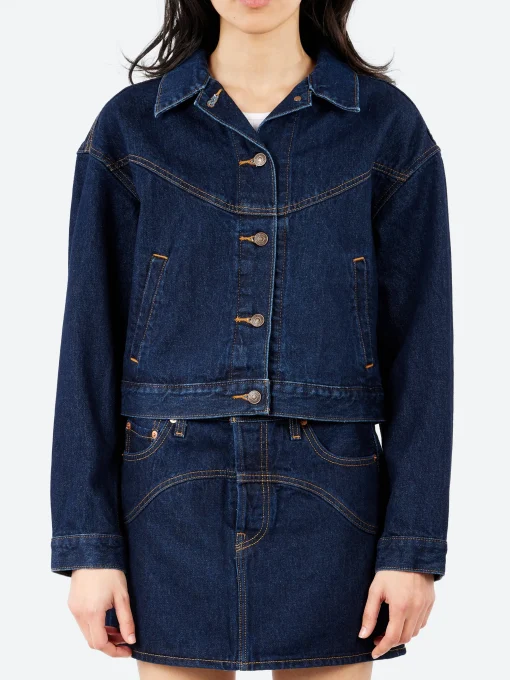 Clearance - Shrunken 90s Western Trucker Jacket in Dream Nice Dreams (Dark Wash) Women Outerwear