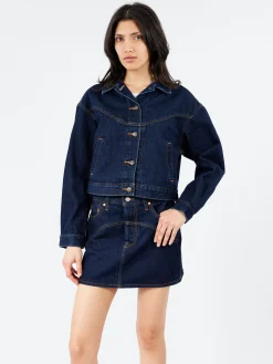 Clearance - Shrunken 90s Western Trucker Jacket in Dream Nice Dreams (Dark Wash) Women Outerwear