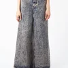 Clearance - Marbled Denim Wide-Leg Trousers in Pink Gummy Women Pants | Denim