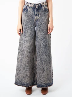 Clearance - Marbled Denim Wide-Leg Trousers in Pink Gummy Women Pants | Denim