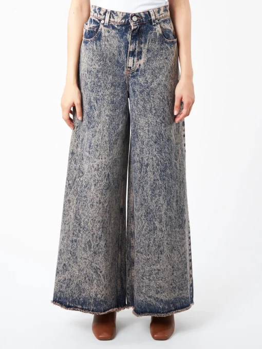 Clearance - Marbled Denim Wide-Leg Trousers in Pink Gummy Women Pants | Denim