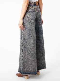 Clearance - Marbled Denim Wide-Leg Trousers in Pink Gummy Women Pants | Denim