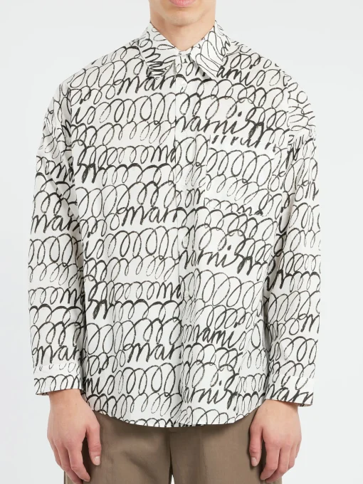Best - Poplin Shirt with Scribble Motif in Lily White Button-Ups