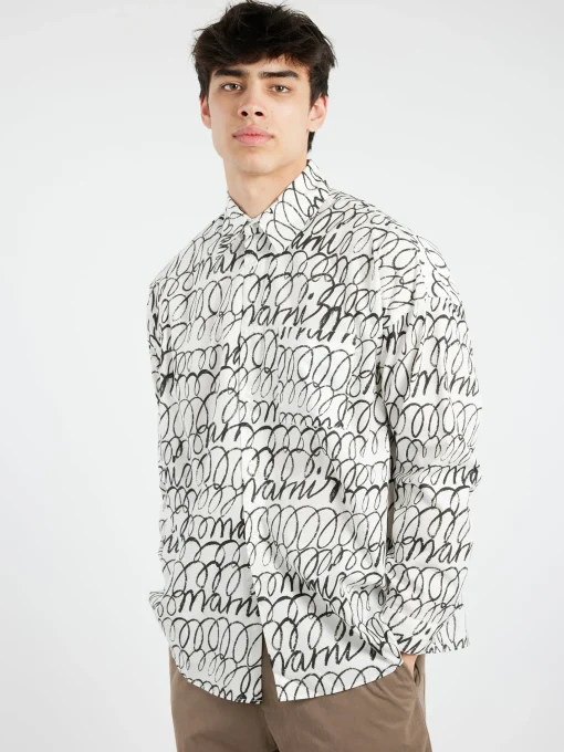 Best - Poplin Shirt with Scribble Motif in Lily White Button-Ups