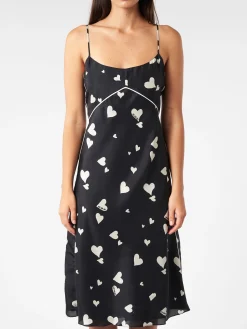 Discount - Silk Slip Dress with Bunch of Hearts Print in Black Women Dresses