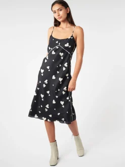 Discount - Silk Slip Dress with Bunch of Hearts Print in Black Women Dresses