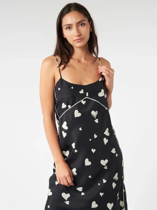 Discount - Silk Slip Dress with Bunch of Hearts Print in Black Women Dresses