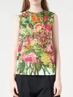 Outlet - Sleeveless Top with Mystical Bloom Print in Acid Green Women Tops & Blouses