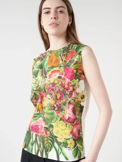 Outlet - Sleeveless Top with Mystical Bloom Print in Acid Green Women Tops & Blouses