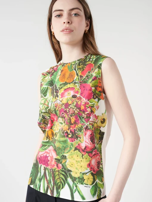Outlet - Sleeveless Top with Mystical Bloom Print in Acid Green Women Tops & Blouses