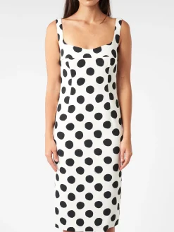 Hot - Squareneck Dress with Maxi Polka Dots in Stone White Women Dresses