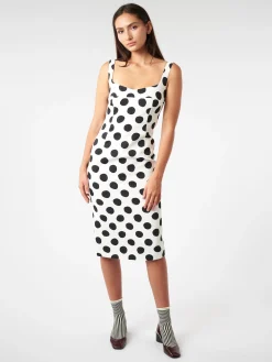 Hot - Squareneck Dress with Maxi Polka Dots in Stone White Women Dresses