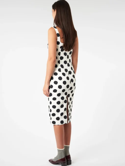 Hot - Squareneck Dress with Maxi Polka Dots in Stone White Women Dresses