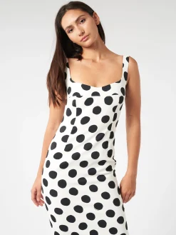 Hot - Squareneck Dress with Maxi Polka Dots in Stone White Women Dresses