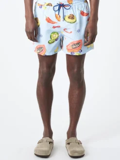 Online - Tropical Fruit Print Long Swim Shorts in Blues Swimwear