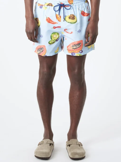 Online - Tropical Fruit Print Long Swim Shorts in Blues Swimwear