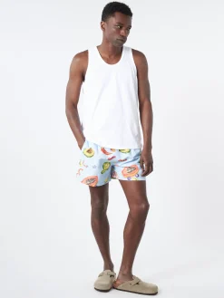 Online - Tropical Fruit Print Long Swim Shorts in Blues Swimwear