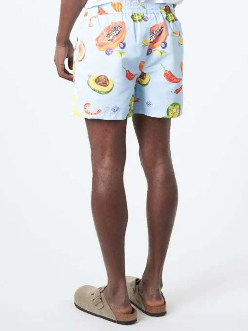 Online - Tropical Fruit Print Long Swim Shorts in Blues Swimwear