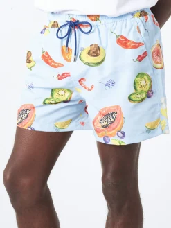 Online - Tropical Fruit Print Long Swim Shorts in Blues Swimwear