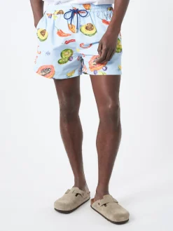 Online - Tropical Fruit Print Long Swim Shorts in Blues Swimwear