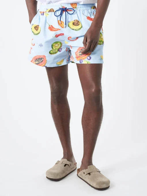 Online - Tropical Fruit Print Long Swim Shorts in Blues Swimwear