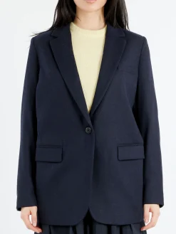 Clearance Pomandere - Single-Breasted Jacket in Night Blue Wool-Blend Flannel Women Outerwear | Blazers
