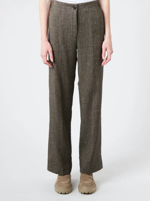 Hot Pomandere - Wide Leg Trousers in Black Herringbone Women Pants