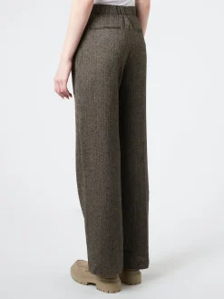 Hot Pomandere - Wide Leg Trousers in Black Herringbone Women Pants