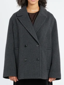 Outlet Pomandere - Wool-Blend Cloth Peacoat in Anthracite Women Outerwear