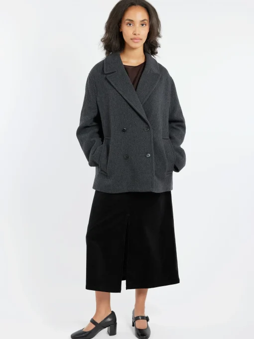 Outlet Pomandere - Wool-Blend Cloth Peacoat in Anthracite Women Outerwear