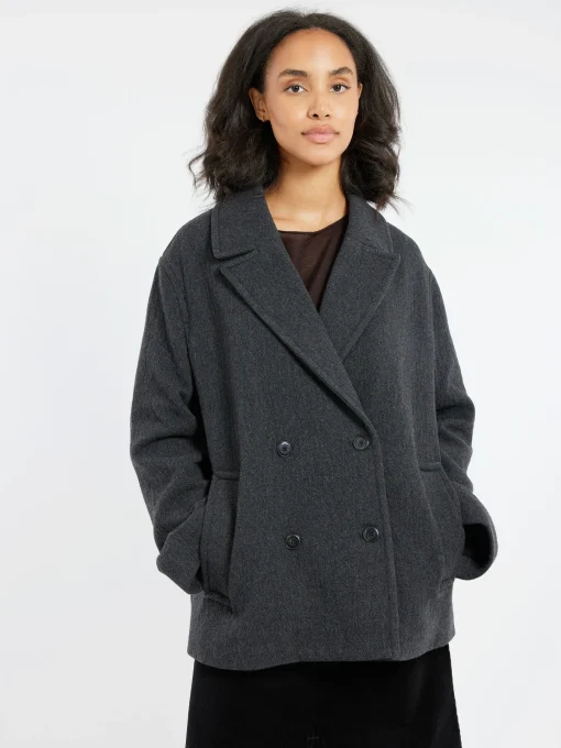 Outlet Pomandere - Wool-Blend Cloth Peacoat in Anthracite Women Outerwear