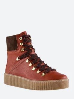 Outlet - Agda Leather Lace-Up Boot in Red Brown Women Overalls & Jumpsuits | Boots