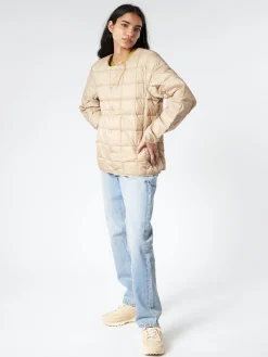 Fashion - Crew Neck Button Down Jacket in Soft Beige Women Outerwear | Outerwear