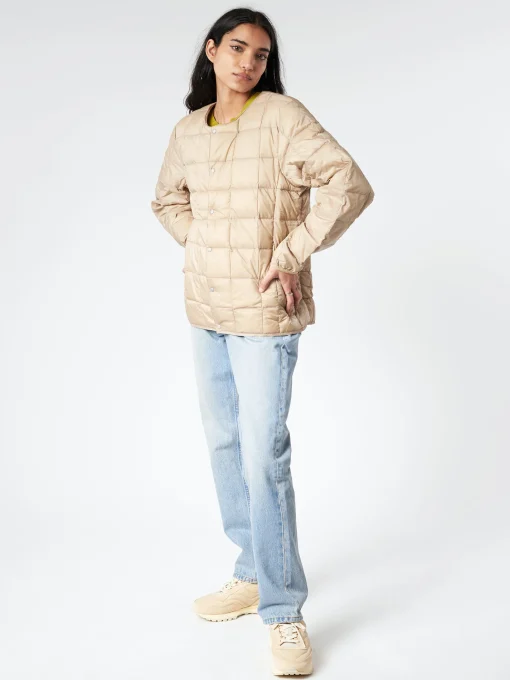 Fashion - Crew Neck Button Down Jacket in Soft Beige Women Outerwear | Outerwear