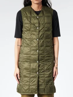 Discount - V-Neck Long Down Vest in Dark Olive Women Outerwear
