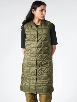 Discount - V-Neck Long Down Vest in Dark Olive Women Outerwear