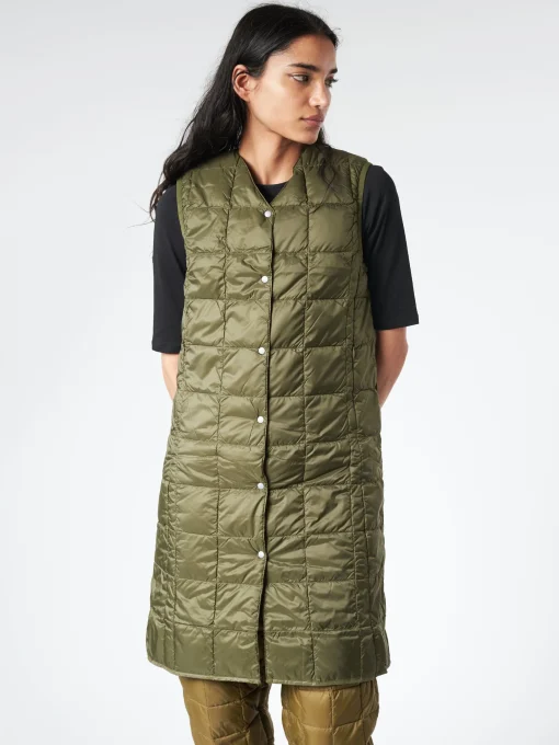 Discount - V-Neck Long Down Vest in Dark Olive Women Outerwear