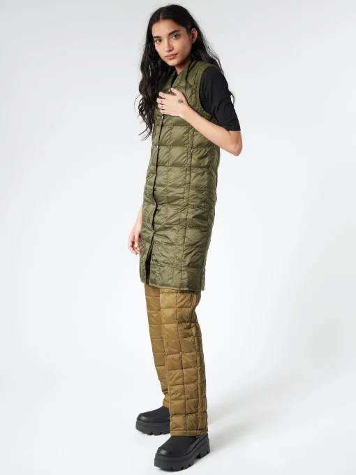 Discount - V-Neck Long Down Vest in Dark Olive Women Outerwear