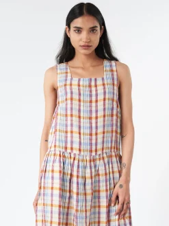 Discount - Check Linen Dropped Waist Dress in Women Dresses