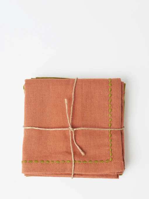 Sale - Embroidered Napkin Set in Moss and Clay Homeware