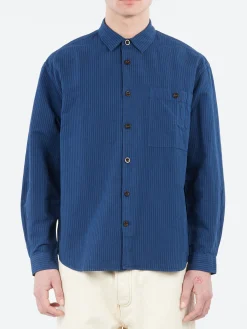 Fashion - Garment Dyed Stripe Workwear Shirt in Engineer Blue Button-Ups