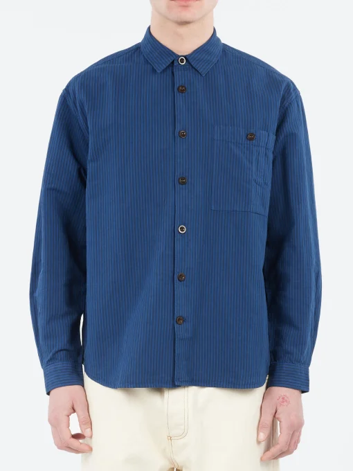 Fashion - Garment Dyed Stripe Workwear Shirt in Engineer Blue Button-Ups