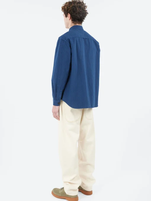 Fashion - Garment Dyed Stripe Workwear Shirt in Engineer Blue Button-Ups